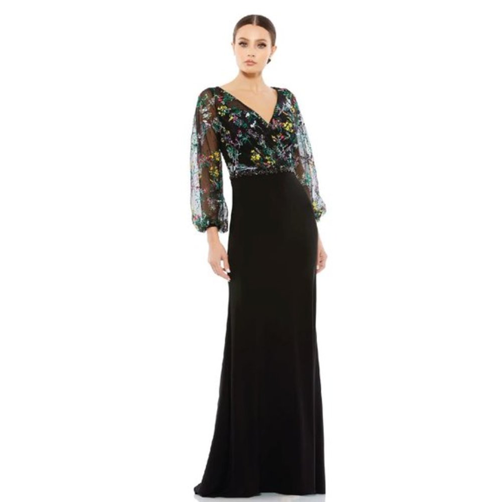 Mac Duggal Embroidered Mesh Long Sleeve Column Maxi Gown in Black Multi Size 10